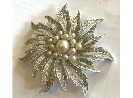 Stunning Silver Sunburst Pin With Faux Seed Pearls
