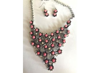 Necklace With Cluster Of Pink & Matching Pink Earrings