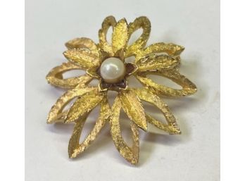 Floral Gold Tone In With Center Faux Pearl