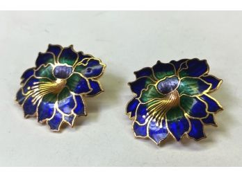Pretty Pair Of Cloisonne Clip On Earrings