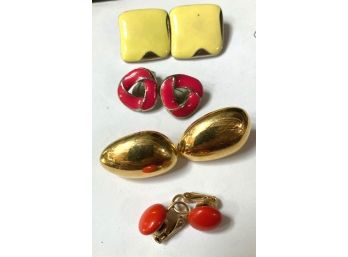 FOUR Pairs Of Earrings, Gold, Yellow, Pink & Orange, All Are Clip On Earrings