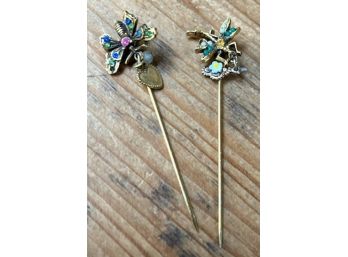 TWO Different & Colorful Hat/ Collar Pins, Butterfly & Bird