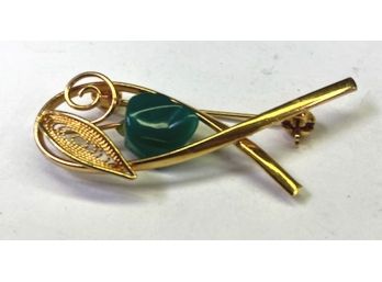 Exceptional Stylized Fish Gold Tone Pin With Green Nugget