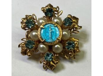 Religious Pin With Blue Stones And The Mother Mary Center