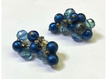 Vintage Signed 'TRIFARI' Clusters Of Blues Earrings, Clip On