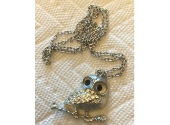 Silver Tone OWL With Red Eyes And Clear Rhinestones On Silver Chain Necklace
