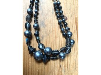 Double Strand Necklace Of Black & Gray Beads, Marked 'JAPAN'