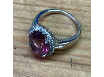 Delightful Fashion Ring Of Pale Purple Center Surrounded By Tiny Clear Rhinestones