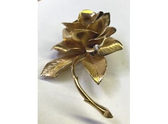 Gold Tone Rose Pin By 'GIOVANNI' With Rhinestone Chip