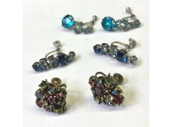 THREE Pairs Of Vintage Screw Back Rhinestone Earrings In Various Shades Of Color