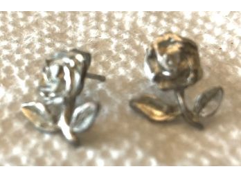 Vintage Mini Pierced Earrings, Silver?, Rose Design