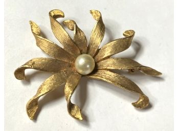 Big (3' Across) Gold Tone Pin With Center Faux Pearl