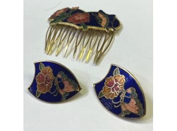 Cloisonne Hair Comb And Matching Earrings, Clip On