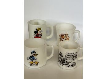 Four Vintage Milk Glass Mugs Including Minnie, Donald, Davy Crocket