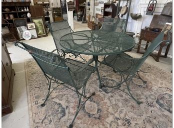 Green Wrought Iron Patio Table With 4 Chairs & Cushions