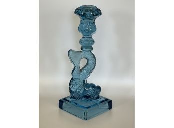 Blue Pressed Glass Dolphin Candlestick Reproduction, From Metropolitan Museum Of Art Gift Shop