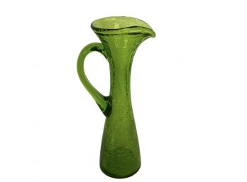 A Crackled Green Glass Vase With Handle, 8 Inches Tall