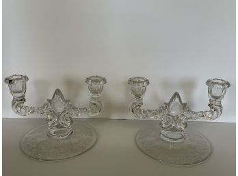 Two Candlabra Style Glass Candle Holders With Unique Stencil Design
