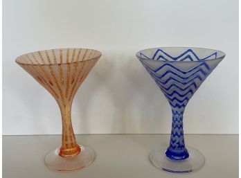 Unique Martini Glasses With Orange & Blue Detail