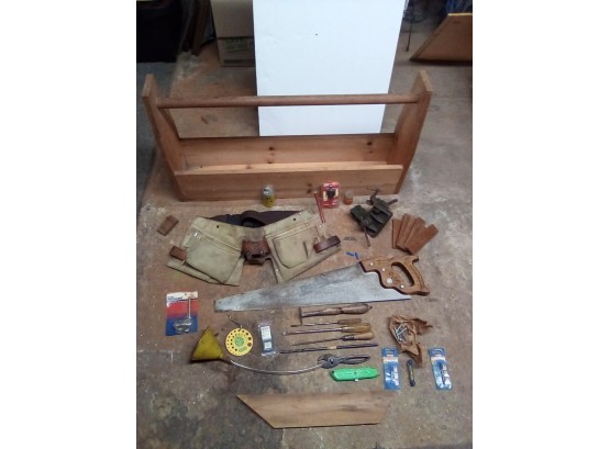 Wood Toolbox, Nicholas Split Cowhide Belt, Disston D-23 Handsaw (26 In Blade, 8 Pt), Ryobi Extractors CAVE