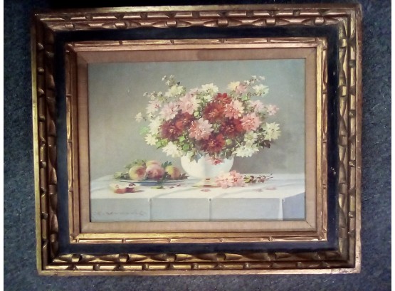 Signed Vintage Still Life Floral & Fruit Design Oil On Canvas Elaborately Framed -Jeanmarie Gallery, NYC  SHOP