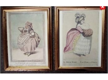 2 Antique English Giltwood Framed Prints Of 1700s Cartoon Art Works Of 2 Ladies