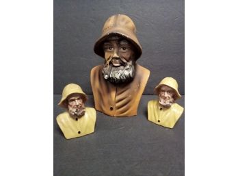 Vintage Trio Of Fisherman Busts Wearing Yellow Slickers Larger From Japan, 2 Small From Portugal  D4
