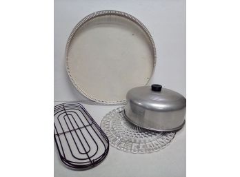 Kitchen Collection Of Large Platter, Lovely Glass Cake Stand With Aluminum Cover And Cooling Rack. C5