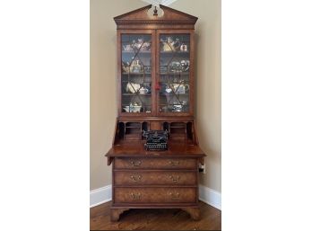 Stunning Scully & Scully Secretary Desk- Burr Yew Wood, 5 Drawers, Book & Collectibles Upper Display Cabinet