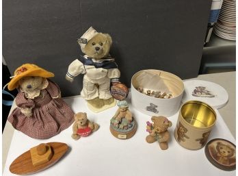 Beautiful Lot Of Collectable Bears, The Brass Button Bear Collection, One Tin Musical Cylinder Storage Box C1