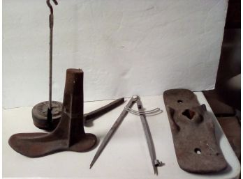 Vintage Tools In All Their Aged Glory - Railroad Nail, Foot Form, Caliper & 2 Unknown Weighty!  CAVE