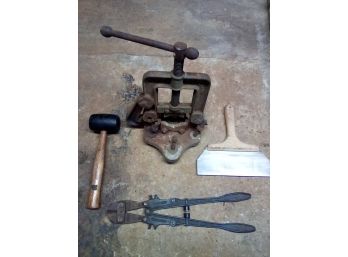 Lot Of Vintage And Newer - Wire Cutters, Dunlap Mallet, Plaster Tool, Antique Armstrong Bros. Pipe Cutter CAVE