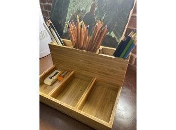 Teak Desk Organizer With Prismacolor Pencils & More