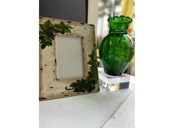 Holly Frame And Green Enameled Glass Vase