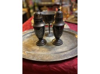 Silver Tray With Salt & Pepper Shaker And Chalice