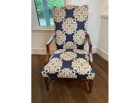 Ethan Allen Blue And White Upholstered Arm Chair (One Of Two)