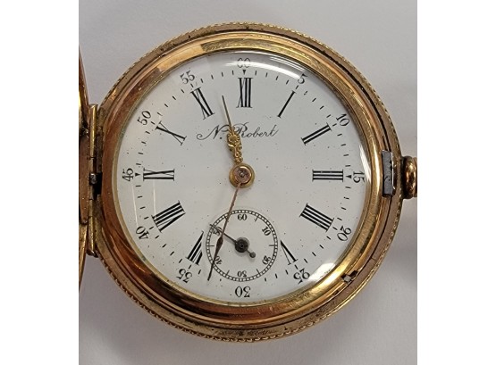 N. Robert GOLD FILLED POCKET WATCH W/ 1/20 GOLD FILLED CHAIN WATCH STARTS AND STOPS NEEDS CLEANING