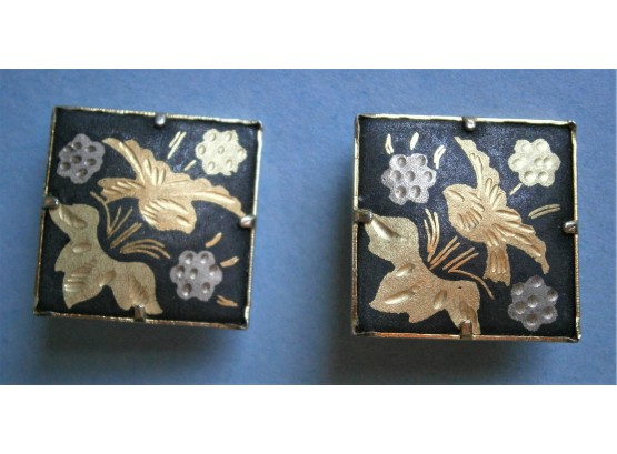 Pair Of Damascene Clip-On Earrings Decorated With Flowers And Birds