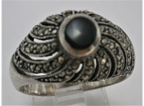Sterling Silver Ring With Black Stone And Marcasites,