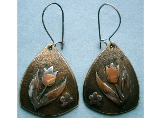 Pair Of Gold Toned Earrings With Applied Tulip Signed 'KRISTIN'