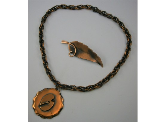 Hand Made Copper Necklace By Marshall & Copper Leaf Pin