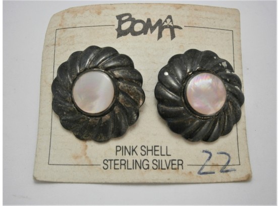Pair Of Vintage BOMA Sterling Silver Earrings With Pink Shell Centers