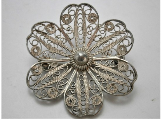Figural Flower Filigree Sterling Silver Pin Signed CAC