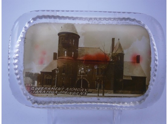 Antique Glass Paperweight With Image Of Saratoga Springs Armory