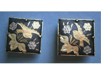 Pair Of Damascene Clip-On Earrings Decorated With Flowers And Birds