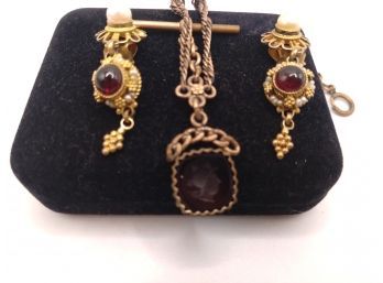 Rare Red Glass Intaglio Necklace & Pearl/Garnet In Sterling With Gold Plate Overlay - Victorian?