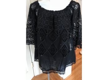 Stylish Hale Bob Black Cotton And Viscose Eyelet Cut Out Shirt, Can Be Worn Off The Shoulder Size M