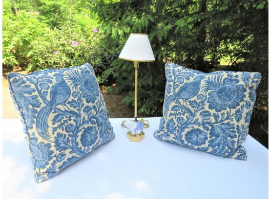 Herend Style Elephant Table Lamp And Pair Of Blue White Pillows
