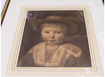 Antique Framed Sepia Print Boy With Hat