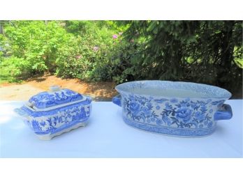 Blue And White Covered Tureen And Planter